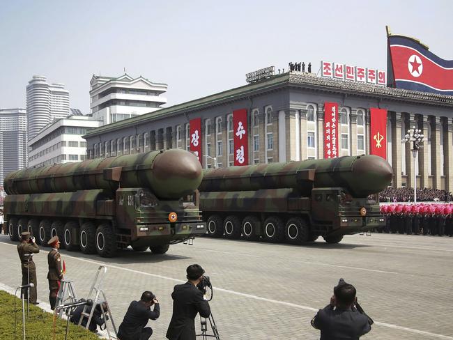 Missiles are paraded across Kim Il Sung Square during a military parade to celebrate the 105th birth anniversary of Kim Il Sung in Pyongyang, North Korea. Picture: AP