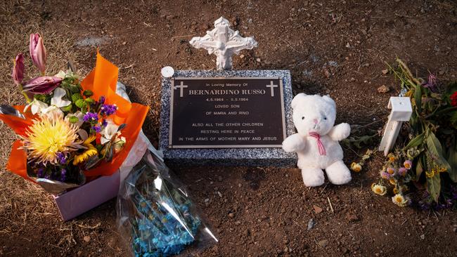 The gravestone carries a poignant dedication that reflects the loss of other families such as the Russos whose lost children were also shuffled around Adelaide’s cemeteries decades ago. Picture: Matt Turner