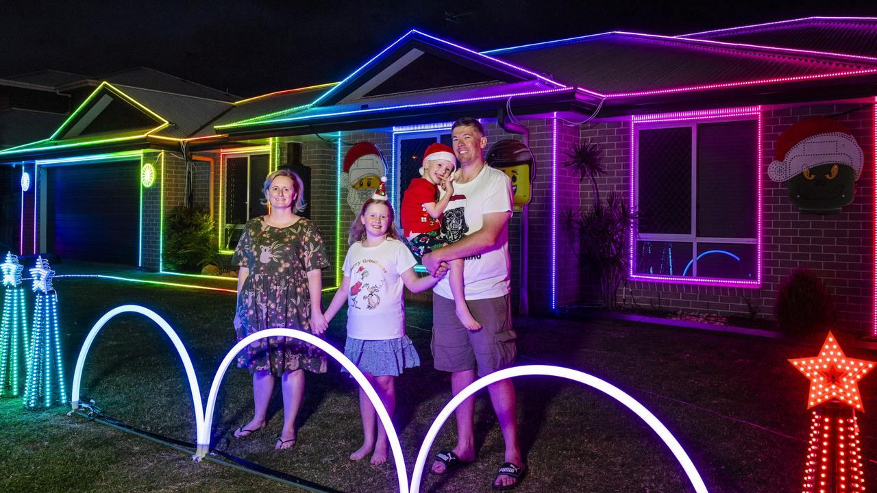 The Christmas lights display of John and Nicole Scarborough and their kids Kaitlyn and Archie in Kearneys Spring, Sunday, December 12, 2021. Picture: Kevin Farmer