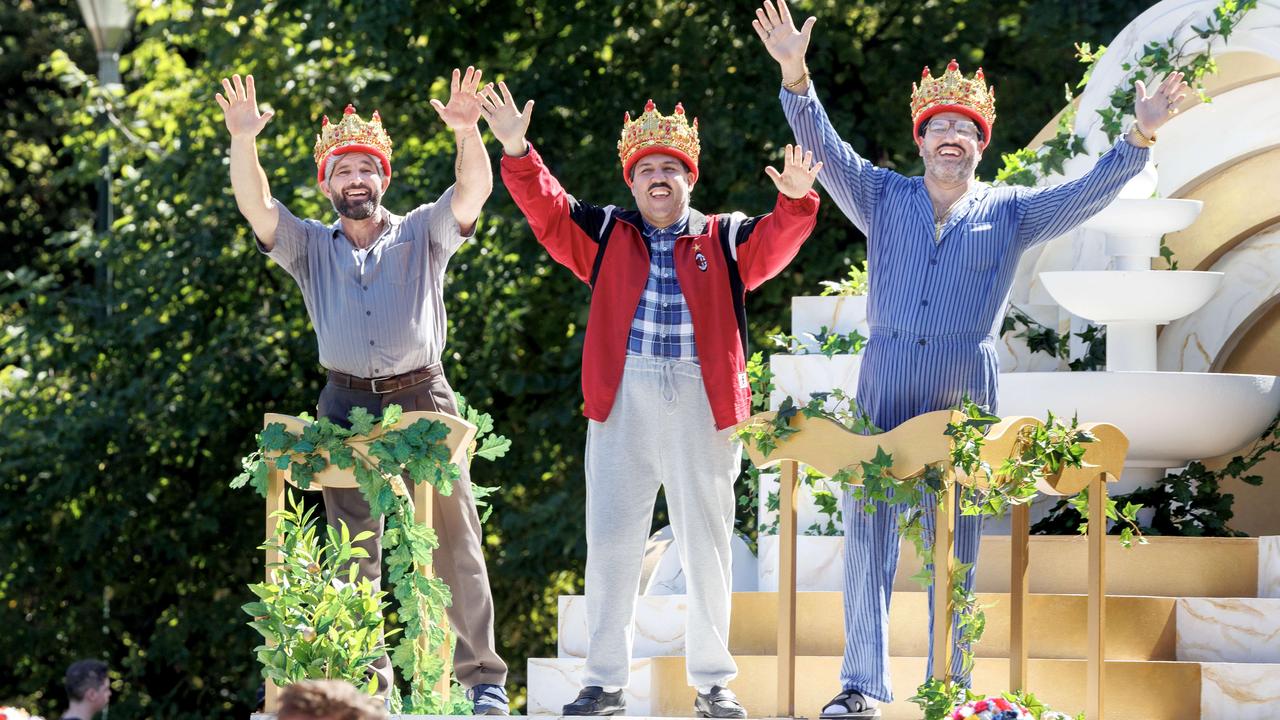 Sooshi Mango’s Andrew Manfre, Joe Salanitri and Carlo Salanitri, aboard their float in the annual Moomba Parade, after they were crowned monarchs of the event for 2025. Picture: NewsWire/David Geraghty.