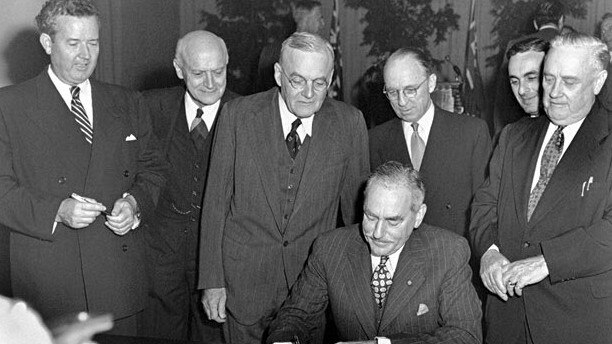 The signing of the ANZUS security treaty between Australia, New Zealand and the United States in San Francisco in September 1951.