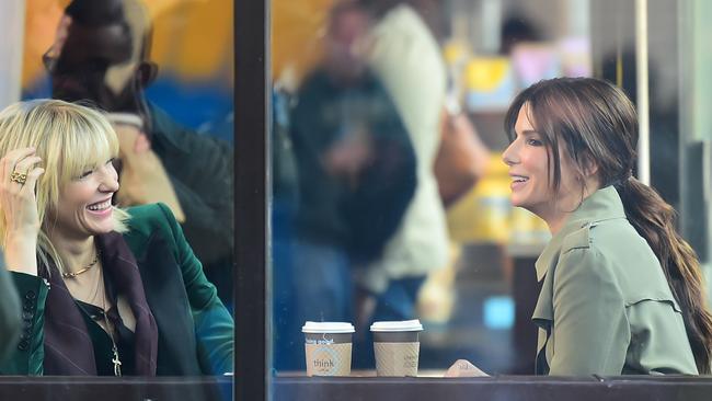 Cate Blanchett and Sandra Bullock on the set of Ocean’s Eight. Picture: Getty