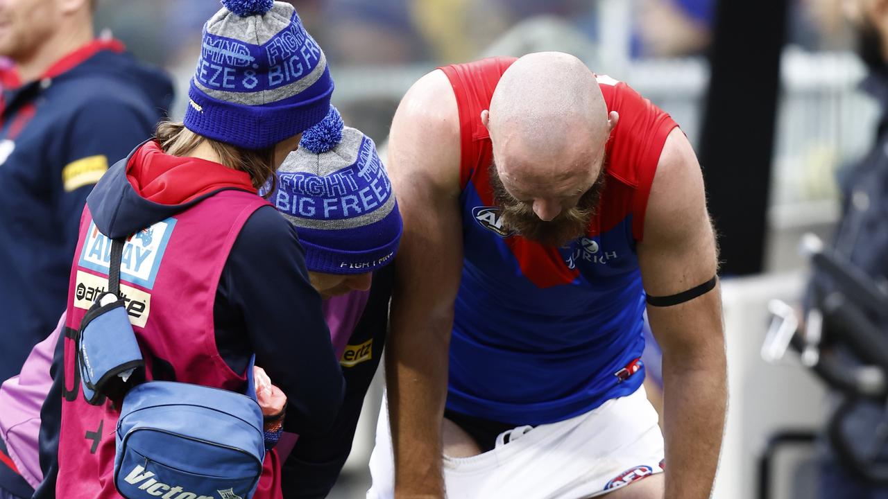 Max Gawn hurt himself in Monday’s loss to Collingwood. Picture: Darrian Traynor/Getty Images