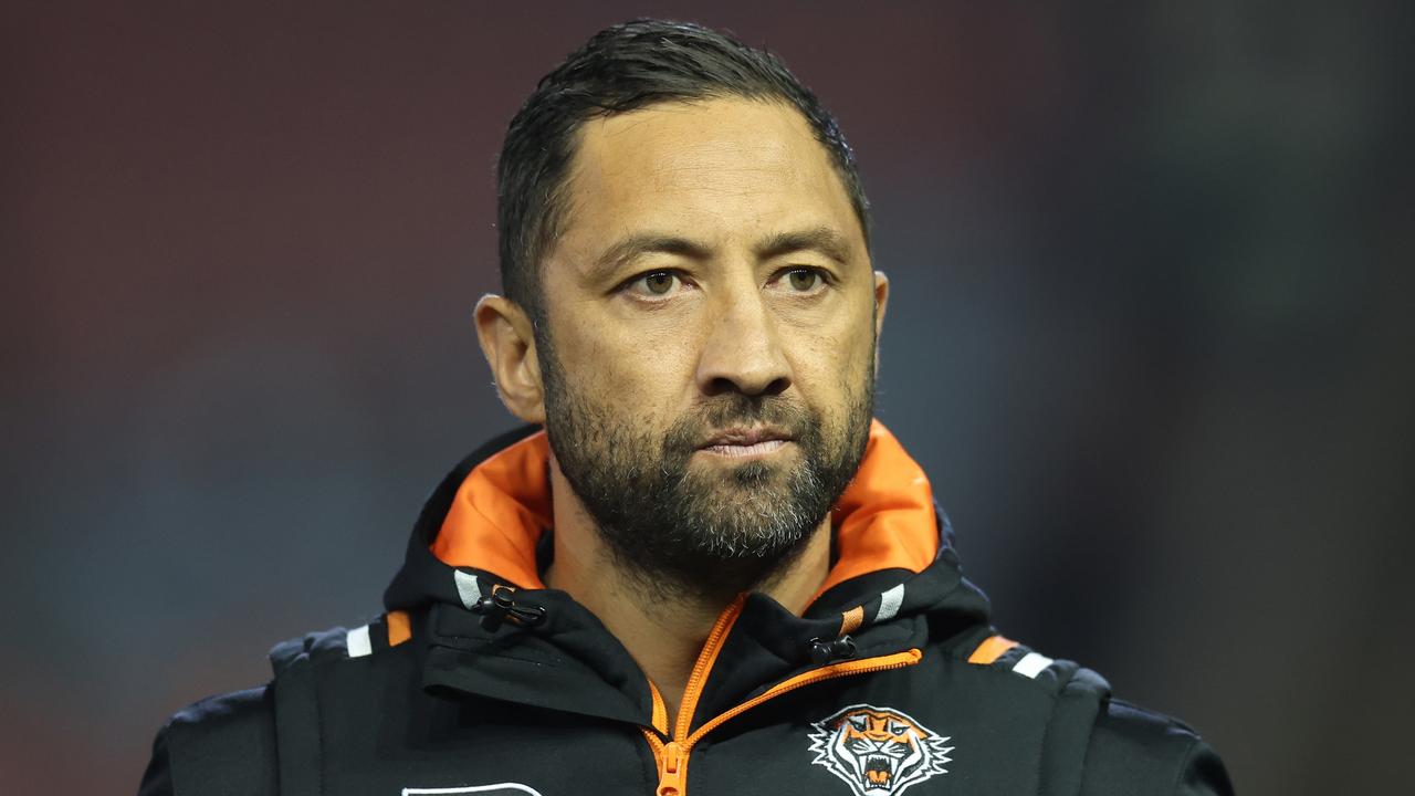 NEWCASTLE, AUSTRALIA - JULY 14: Benji Marshall Assistant Coach of the Tigers pre game during the round 20 NRL match between Newcastle Knights and Wests Tigers at McDonald Jones Stadium on July 14, 2023 in Newcastle, Australia. (Photo by Scott Gardiner/Getty Images)