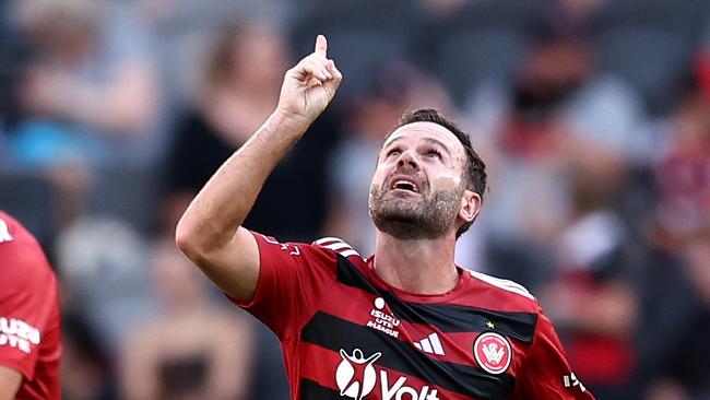 SYDNEY, AUSTRALIA - JANUARY 01: Juan Mata of the Wanderers celebrates scoring a goal during the round 11 A-League Men match between Western Sydney Wanderers and Macarthur FC at CommBank Stadium, on January 01, 2025, in Sydney, Australia. (Photo by Brendon Thorne/Getty Images)