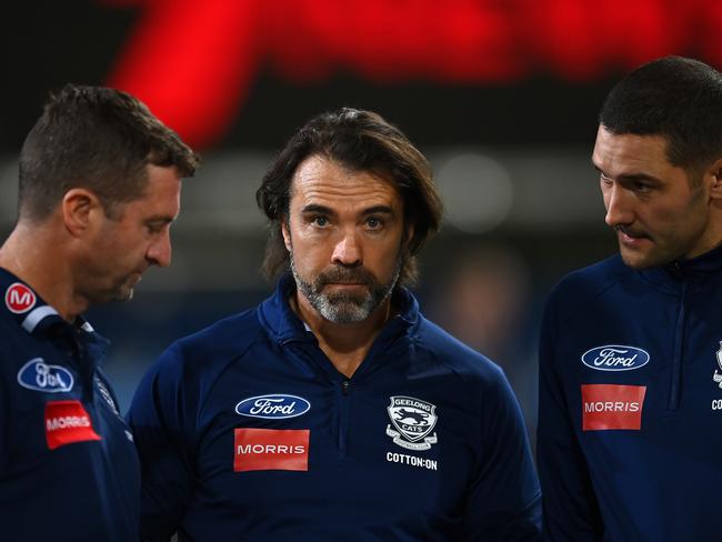 BRISBANE, AUSTRALIA - JULY 22: Geelong Cats head coach Chris Scott looks on during the round 19 AFL match between Brisbane Lions and Geelong Cats at The Gabba, on July 22, 2023, in Brisbane, Australia. (Photo by Albert Perez/AFL Photos via Getty Images)