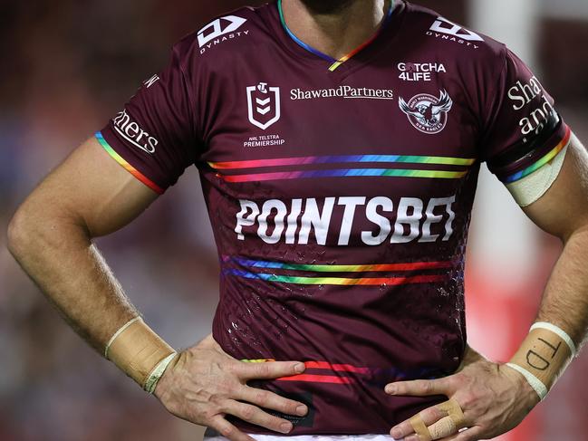 SYDNEY, AUSTRALIA - JULY 28:  The Manly Sea Eagles rainbow pride jersey is seen on a player during the round 20 NRL match between the Manly Sea Eagles and the Sydney Roosters at 4 Pines Park on July 28, 2022, in Sydney, Australia. (Photo by Cameron Spencer/Getty Images)