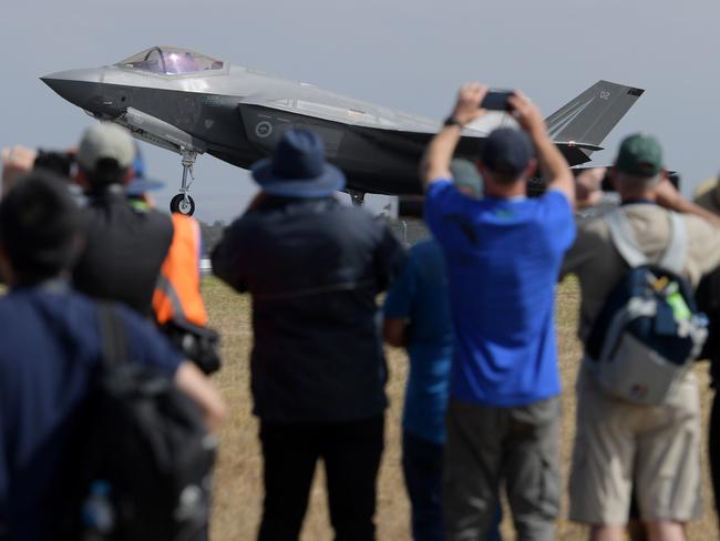 The new F-35 Joint Strike Fighter arrives at the Avalon airshow in Avalon. Picture: AAP