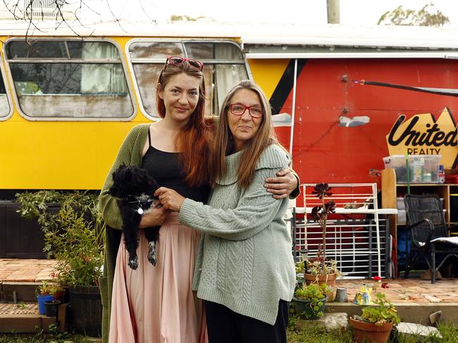 Veronica Coen (right) pictured with her daughter Kara O'Grady-Coen at Quaama where she lives in a bus that survived the fires. Picture: Sam Ruttyn