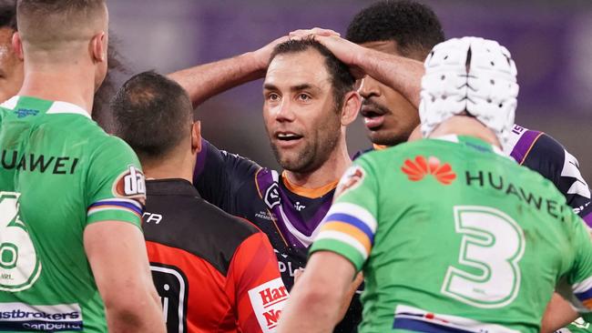 Cameron Smith in disbelief following a call by the referees.