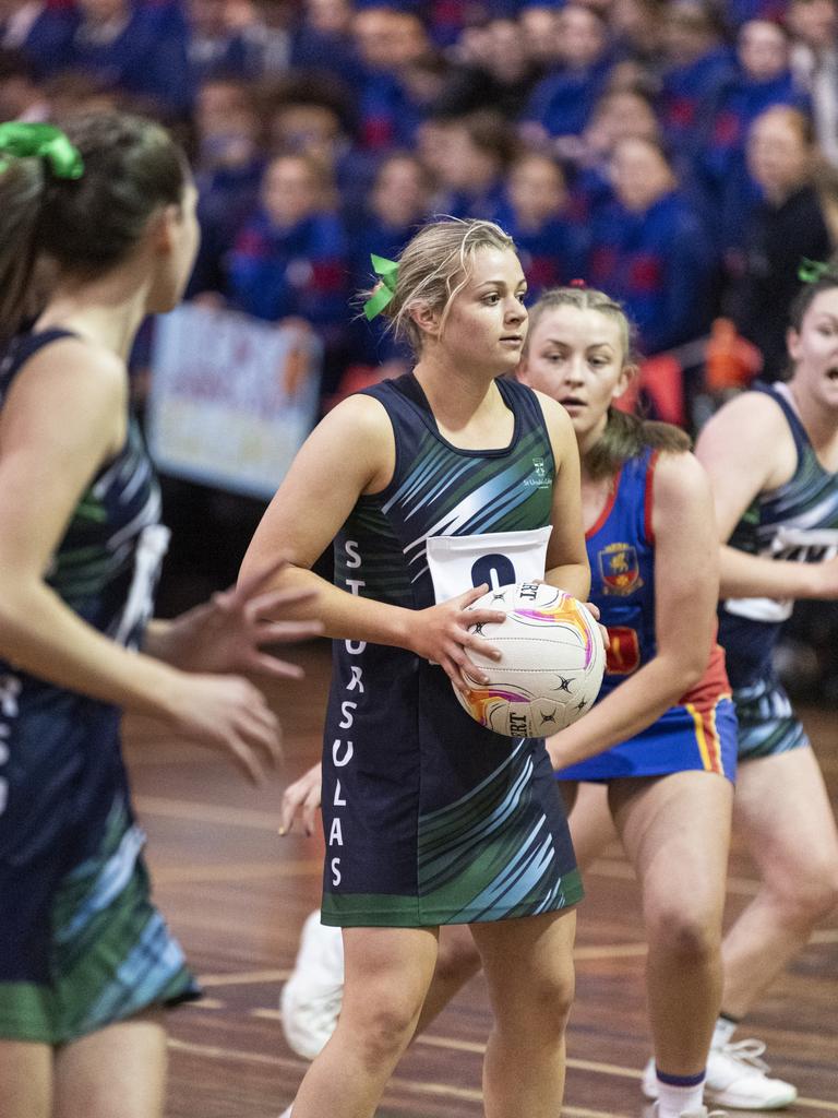 Yana Shevchenko of St Ursula's Senior B against Downlands Second VII in Merici-Chevalier Cup netball at Salo Centre, Friday, July 19, 2024. Picture: Kevin Farmer