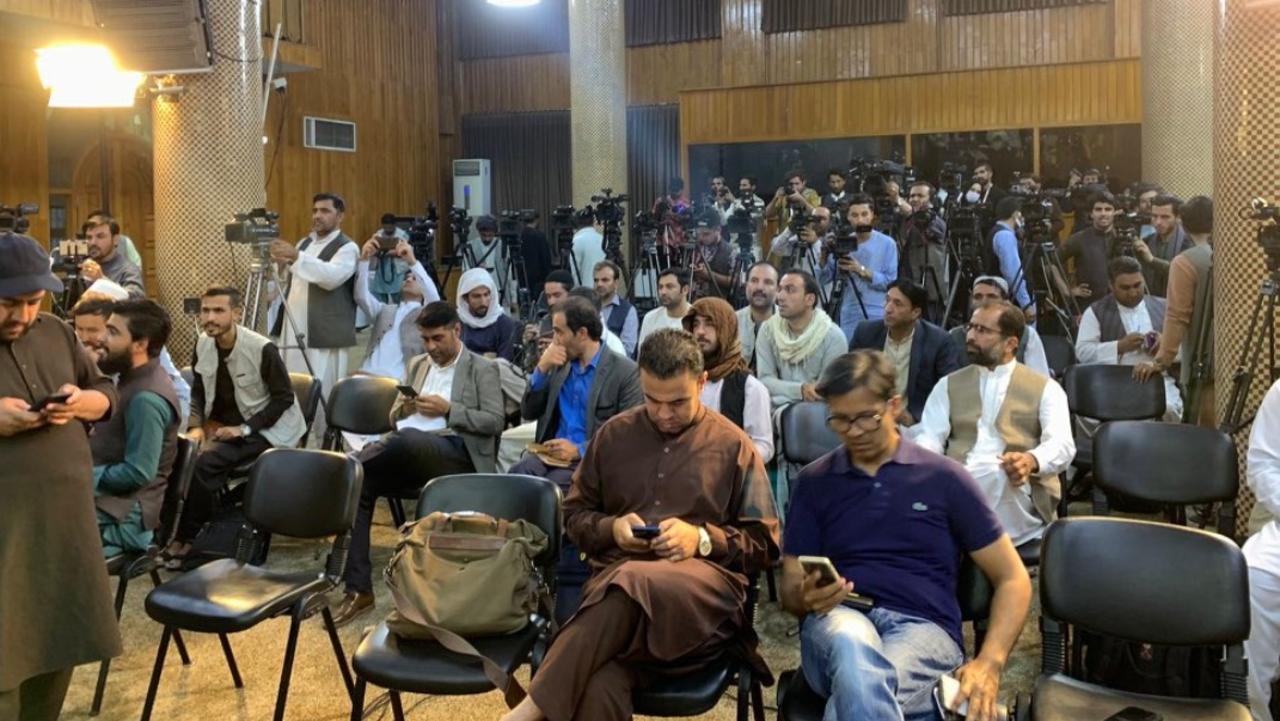 The Taliban press conference was attended by a room full of male reporters. Picture: Twitter