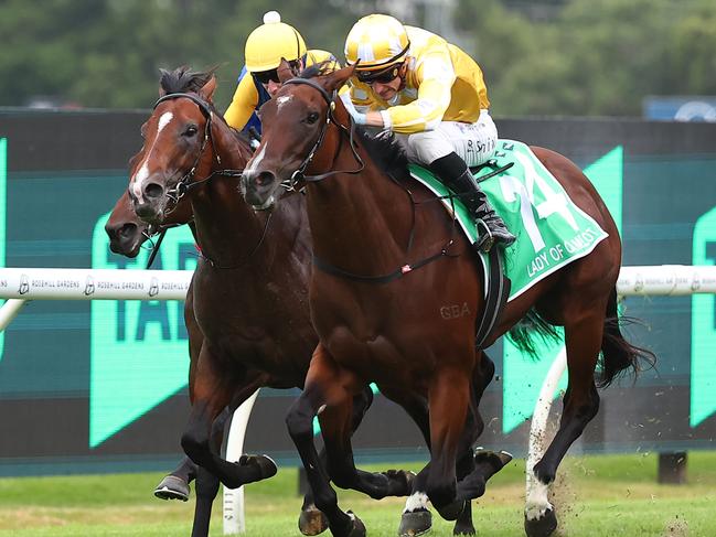 SYDNEY, AUSTRALIA - MARCH 23: Blake Shinn riding  Lady Of Camelot wins Race 8 Golden Slipper during the Golden Slipper Day - Sydney Racing at Rosehill Gardens on March 23, 2024 in Sydney, Australia. (Photo by Jeremy Ng/Getty Images)