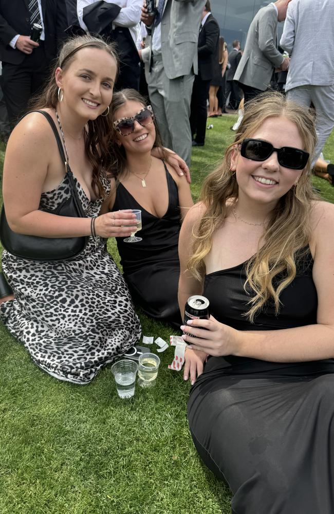 Lily Smead, Piper Macleod and Sage Gould at Flemington for Derby Day on November 2, 2024. Picture: Phillippa Butt