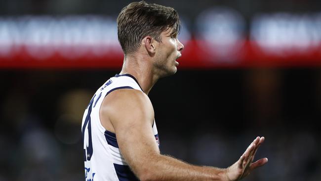 Geelong forward Tom Hawkins has escaped suspension for a strike that dropped Port Adelaide’s Tom Rockliff. Picture: Ryan Pierse/Getty Images