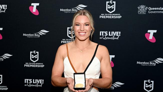 Emma Tonegato poses for a photo after winning the 'Tackle of the Year' Award. (Photo by Bradley Kanaris/Getty Images)