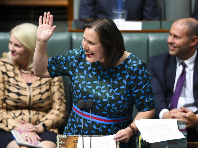 Kelly O'Dwyer waves to friends and family during her valedictory speech in the House of Representatives. Picture: AAP Image/Lukas Coch