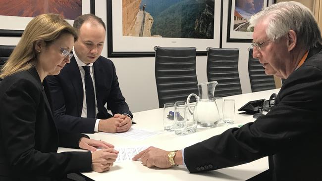 (Right-Left) Hornsby Mayor Steve Russell, NSW Local Government minister Gabrielle Upton and Hornsby state MP Matt Kean discussing Hornsby council amalgamation issues on Tuesday.