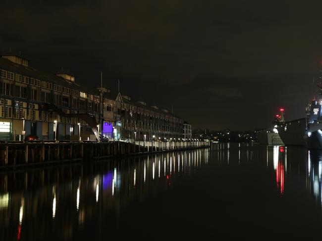Generic images of Navy ships at Woolloomooloo, Wharf and Fog beginning to roll in over the city buildings on a winter night. Pics Bill Hearne