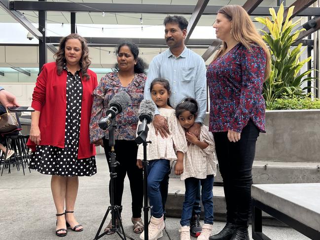 The Biloela asylum seeker family have made a surprise visit to Gladstone for a personal meeting with Prime Minister Anthony Albanese. Pictured left to right is: Family friend and advocate, Bronwyn Dendle, Priya Nadaraja, Nades Murugappan, their Australian-born daughters, Kopika and Tharnicaa Nadesalingam, and family friend and advocate Angela Fredericks. Picture: Madura McCormack