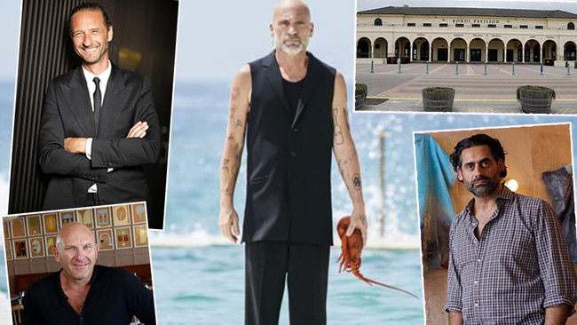 Chefs who would be kings: Justin Hemmes, top left, Matt Moran, bottom left, Maurice Terzino, centre, Jon Adgemis, bottom right, and the revamped Bondi Pavilion, top right. Pictures: News Corp/Supplied