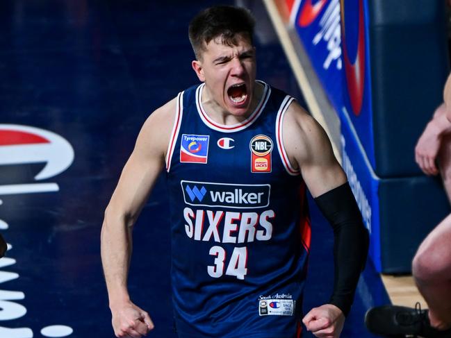 ADELAIDE, AUSTRALIA - OCTOBER 03: Dejan Vasiljevic of the 36ers   celebrates a point  during the round three NBL match between Adelaide 36ers and South East Melbourne Phoenix at Adelaide Entertainment Centre, on October 03, 2024, in Adelaide, Australia. (Photo by Mark Brake/Getty Images)