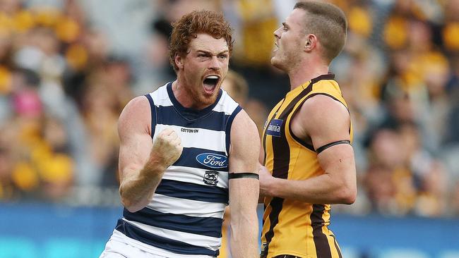 Gary Rohan celebrates one of his goals against the Hawks. Picture: Michael Klein