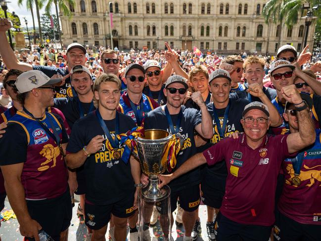 The Lions celebrate their premiership win with fans in Brisbane’s CBD on Tuesday. Picture: Dan Peled / NewsWire