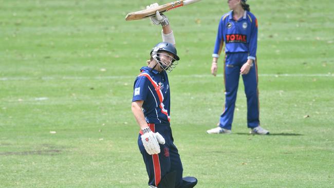 Heidi Cheadle celebrates her 50 against Northern District CC in 2021-22. Picture supplied by Gordon CC