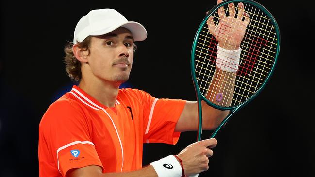 Alex de Minaur of Australia thanks the fans following victory in a charity match against Carlos Alcaraz of Spain ahead of the 2024 Australian Open. Picture: Graham Denholm/Getty Images