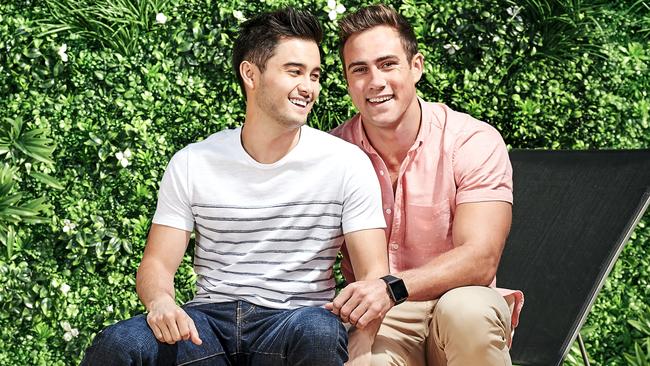 Takaya Honda and Matt Wilson play a gay couple on Neighbours. Picture: Channel Ten