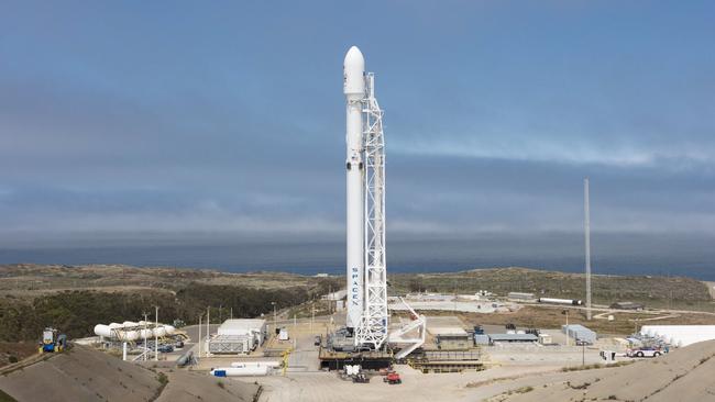 A SpaceX Falcon 9 rocket before lift off yesterday from Vandenberg Air Force Base, California.