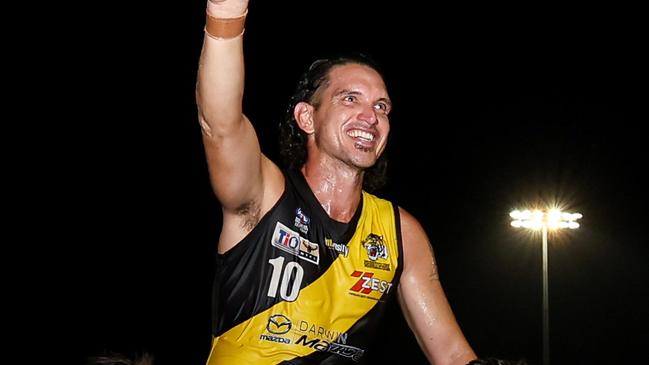 Cam Ilett is carried off after his last game for the Nightcliff Tigers at Nightcliff Oval in Round 18 of the 2024-25 NTFL season. Picture: Celina Whan / AFLNT Media