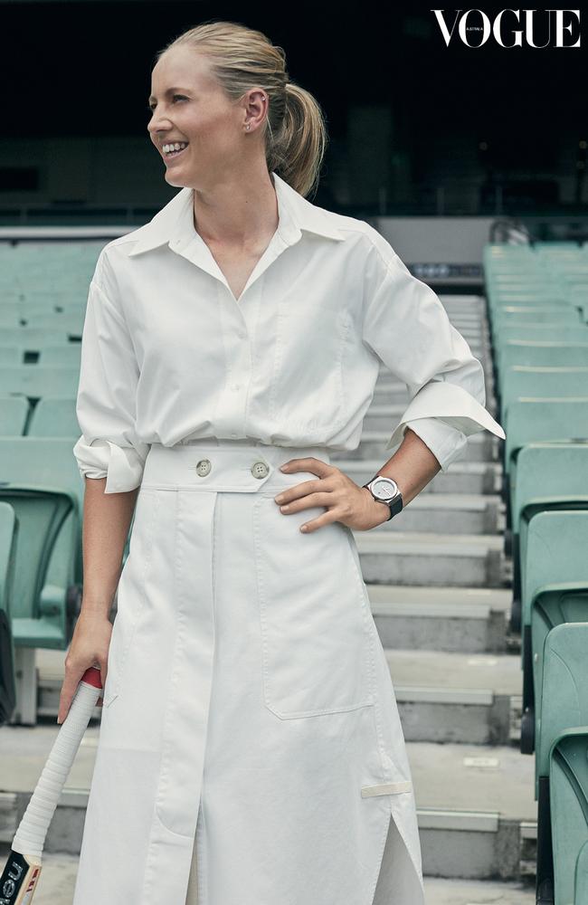 All white on the night … ahead of today’s clash against New Zealand, Meg Lanning appears in the Vogue Australia March 2020 edition. Picture: Justin Ridler