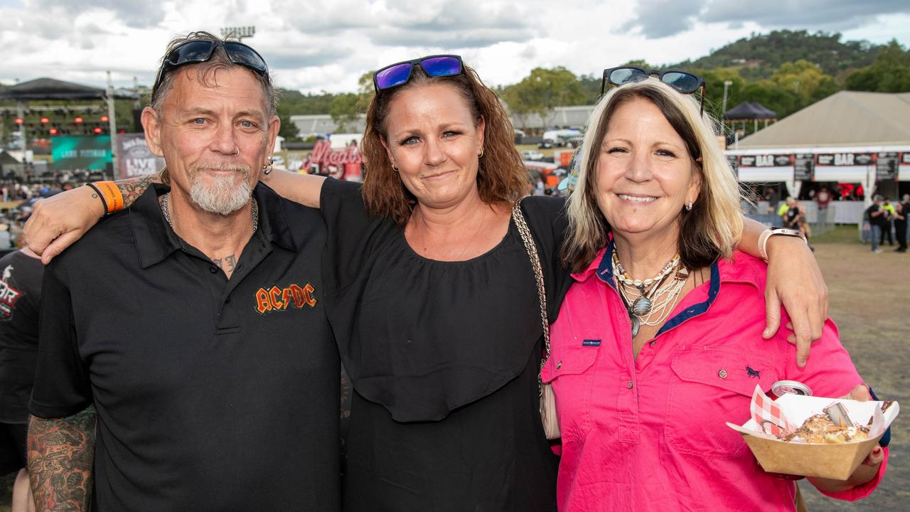 Phil Conroy (left) with Renee Berry and Sammy Wehlisch. Meatstock - Music, Barbecue and Camping Festival at Toowoomba Showgrounds.Friday March 8, 2024 Picture: Bev Lacey