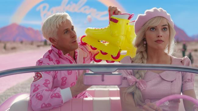 Ryan Gosling as Ken and Margot Robbie in a scene from the movie Barbie.
