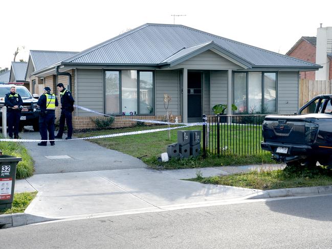 Police at a house on Bicknell Court in Broadmeadows where four people were found dead. Picture: Andrew Henshaw