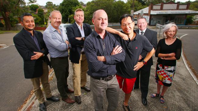 (from left) Harry Muker (Ryde Council engineer), Ryde Cr Roy Maggio, State Liberal Lane Cove MP Anthony Roberts, Rolf Clapham (resident). Daryl Fung (resident), Ryde Mayor Bill Pickering, Cr Jane Stott. Picture: Phil Rogers