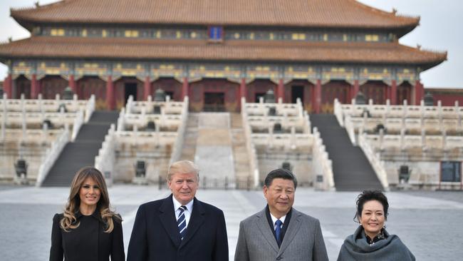 US President Donald Trump, First Lady Melania Trump, China's President Xi Jinping and his wife Peng Liyuan at the Forbidden City in Beijing on November 8, 2017. Picture: AFP