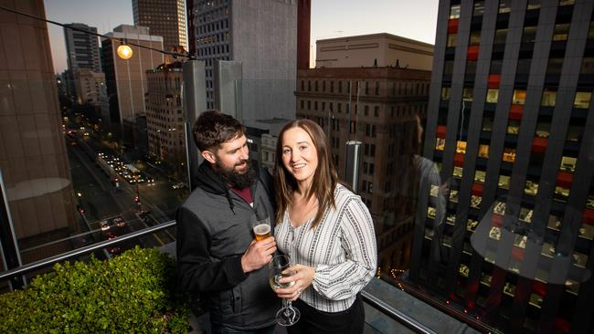 New arrivals … Adelaide couple David Bailey and Alexia Schar at 2KW Bar in Adelaide’s CBD on Friday night. Picture: James Elsby