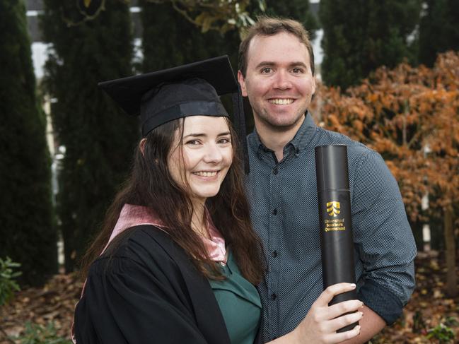 Gradating with a Master of Learning and Teaching is Taylah Smith with Hayden Cox at a UniSQ graduation ceremony at The Empire, Tuesday, June 25, 2024. Picture: Kevin Farmer