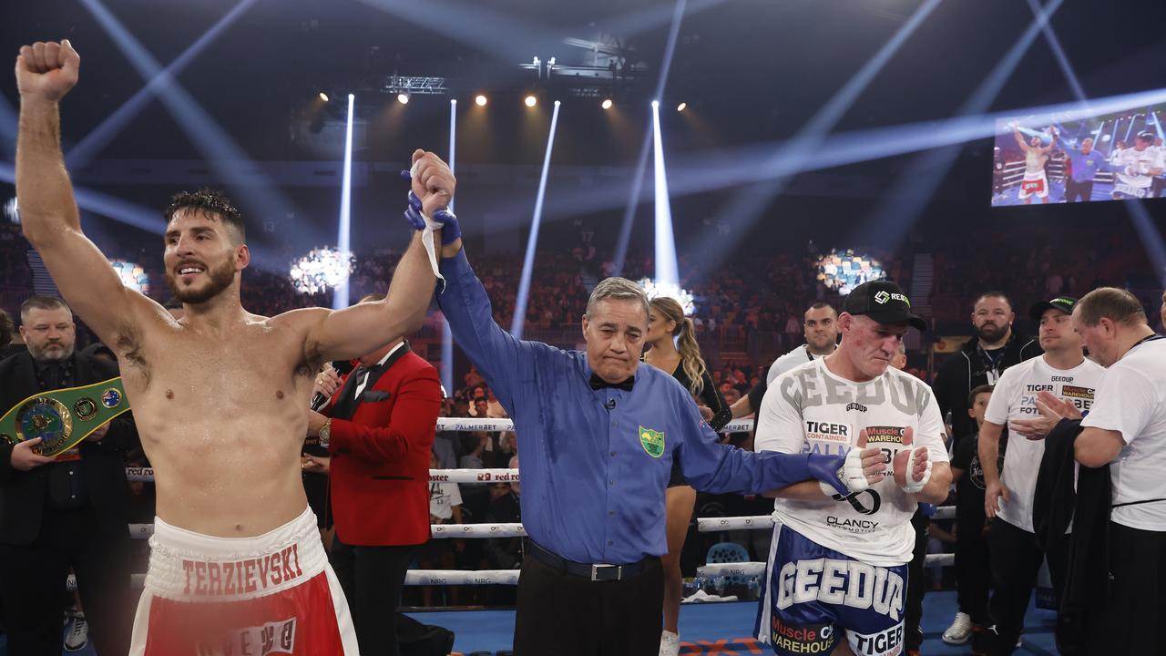 Terzievski celebrates his win during the Australasian Heavyweight Title bout. Picture: Mark Evans/Getty Images