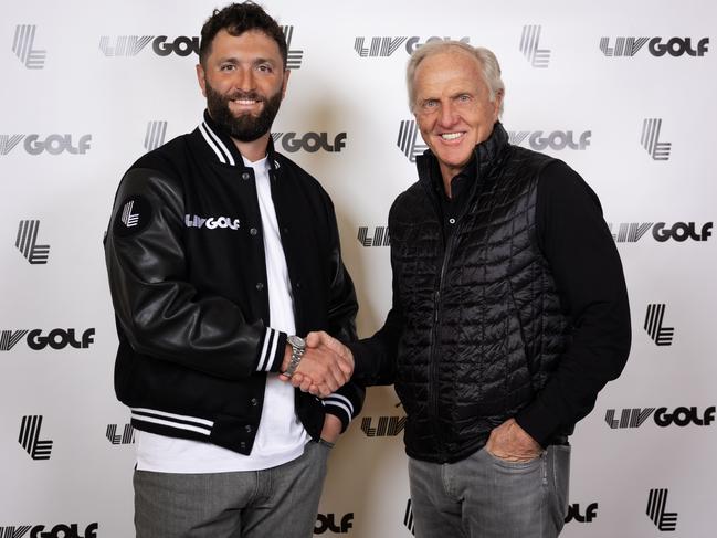 Two-time major winner and the reigning Masters champion, Jon Rahm and LIV Golf Commissioner and CEO Greg Norman shake hands during a LIV Golf announcement at the Park Hyatt New York on Dec. 7, 2023 in New York, New York. (Photo by Scott Taetsch/LIV Golf)