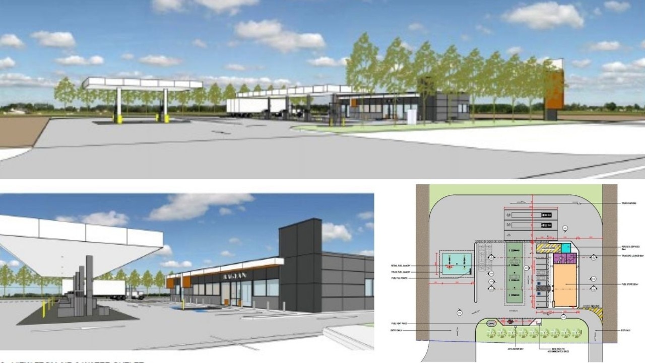 ThomsonAdsett renders and floor plan for the proposed service station at Raglan, between Gladstone and Rockhampton.