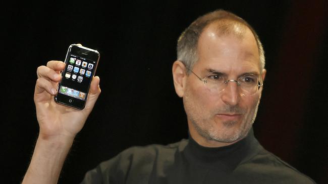Steve Jobs reveals Apple’s first iPhone in January 2007. Picture: AFP