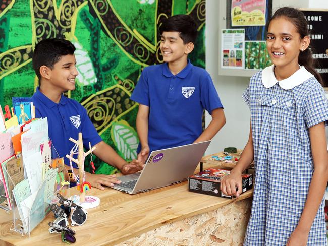 SUNDAY TELEGRAPH - Pictured at Merryland East Public School today are students (L-R) Raeed Nawaseri 10, Amir Mohammadi 12 and Millen Batth 11. Picture: Tim Hunter.