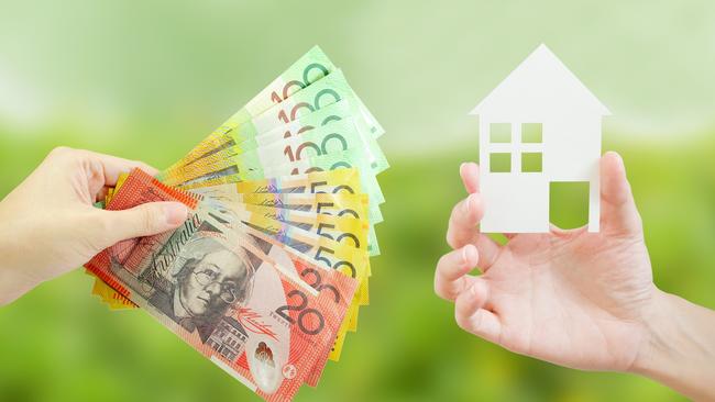 Client giving Australian money to property agent for buying house. Property and real estate concept. housing, Australian money, generic property