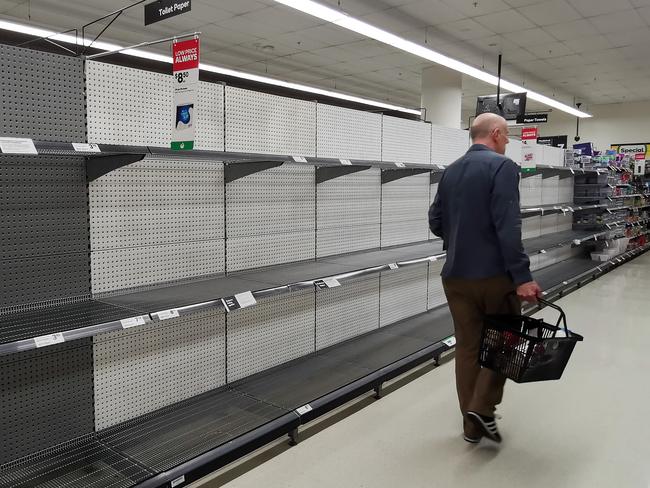 SUNDAY TELEGRAPH - 1/4/20Empty toilet paper shelves pictured at the Woolworths Metro store in Chatswood this morning. Picture: Sam Ruttyn