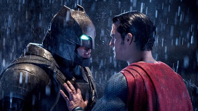 This image released by Warner Bros. Pictures shows Ben Affleck, left, and Henry Cavill in a scene from, "Batman v Superman: Dawn of Justice." (Clay Enos/Warner Bros. Pictures via AP)