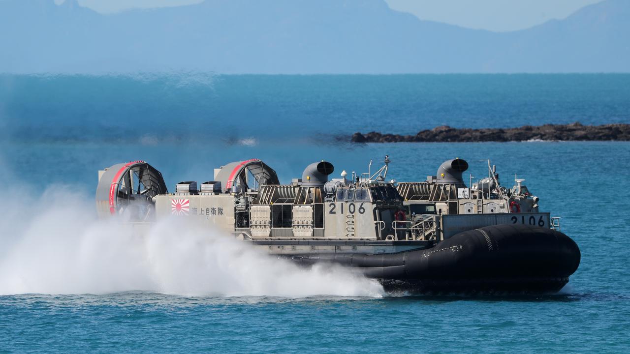 A Japanese LCAC Hovercraft races onto a beach. Australian Forces during a beach assault at Shoalwater Bay during Exercise Talisman Sabre 2019. Picture: Peter Wallis